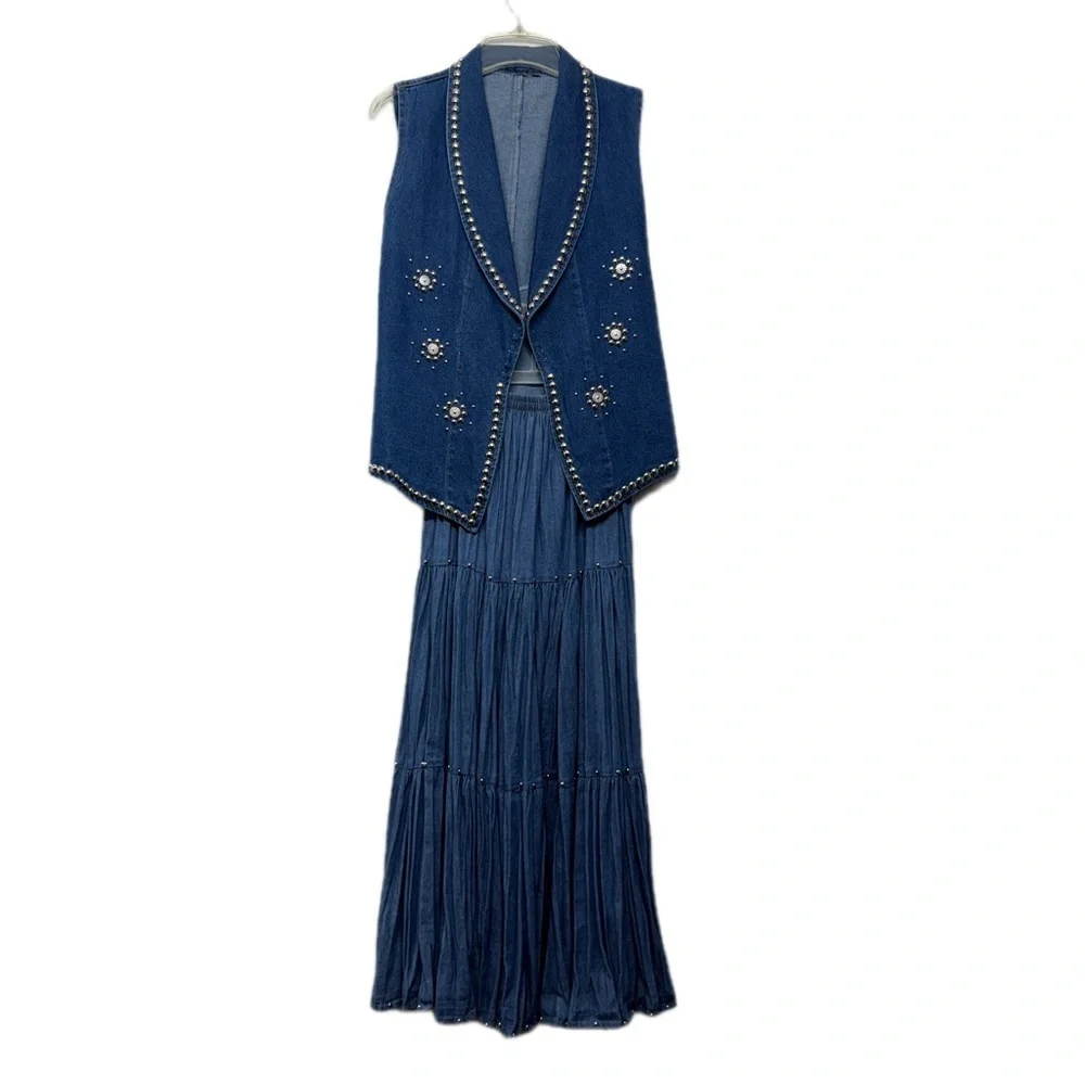 Vintage Embellished Jean Two-Piece Vest and Maxi Skirt Set